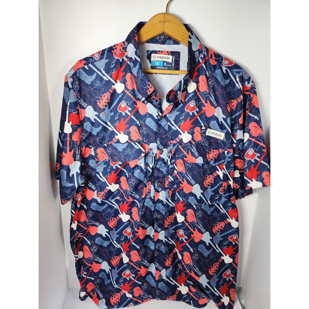 Magellan Outdoors FishGear Mens XXL Guitar Tennessee Print Fishing Shirt Blue